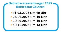Betriebsversammlungen 2023, Dienstags um 10 Uhr an folgenden Daten:  07. März 2023, 23. Mai 2023, 05. September 2023, 19. Dezember 2023
